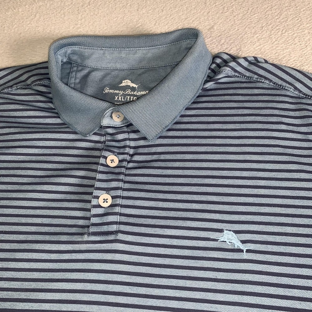 Tommy Bahama Polo Shirt Mens 2XL Blue Striped Supima Cotton Tagless Relaxed Fit